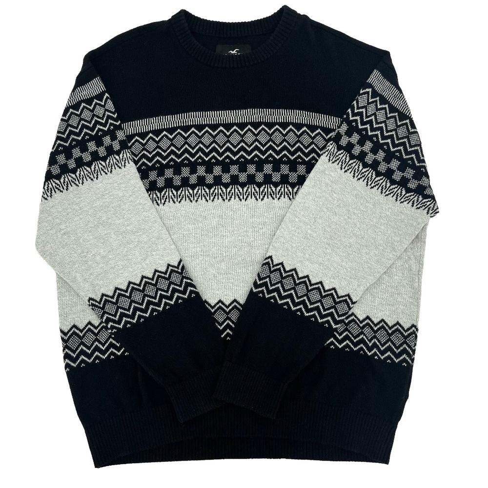 Hollister Mens L Pullover Sweater‎ Black Gray Fair Isle Crew Neck Long Sleeve